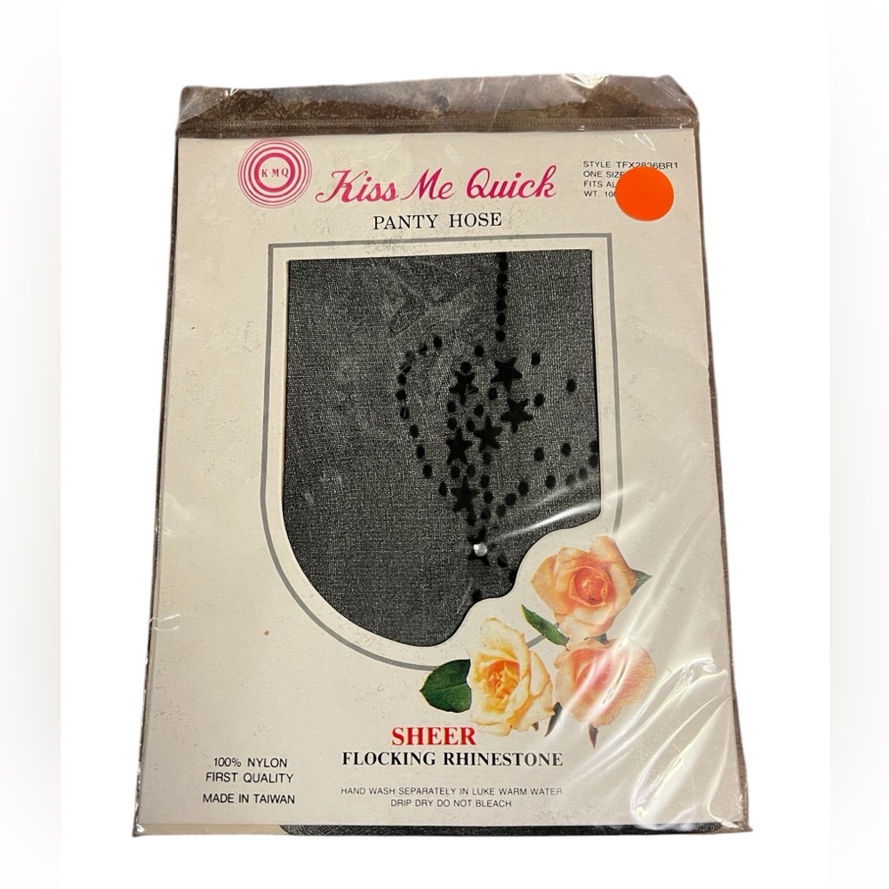 Vintage Kiss Me Quick Panty Hose Sheer Flocking Rhinestone Black TFX2836BR1 NOS